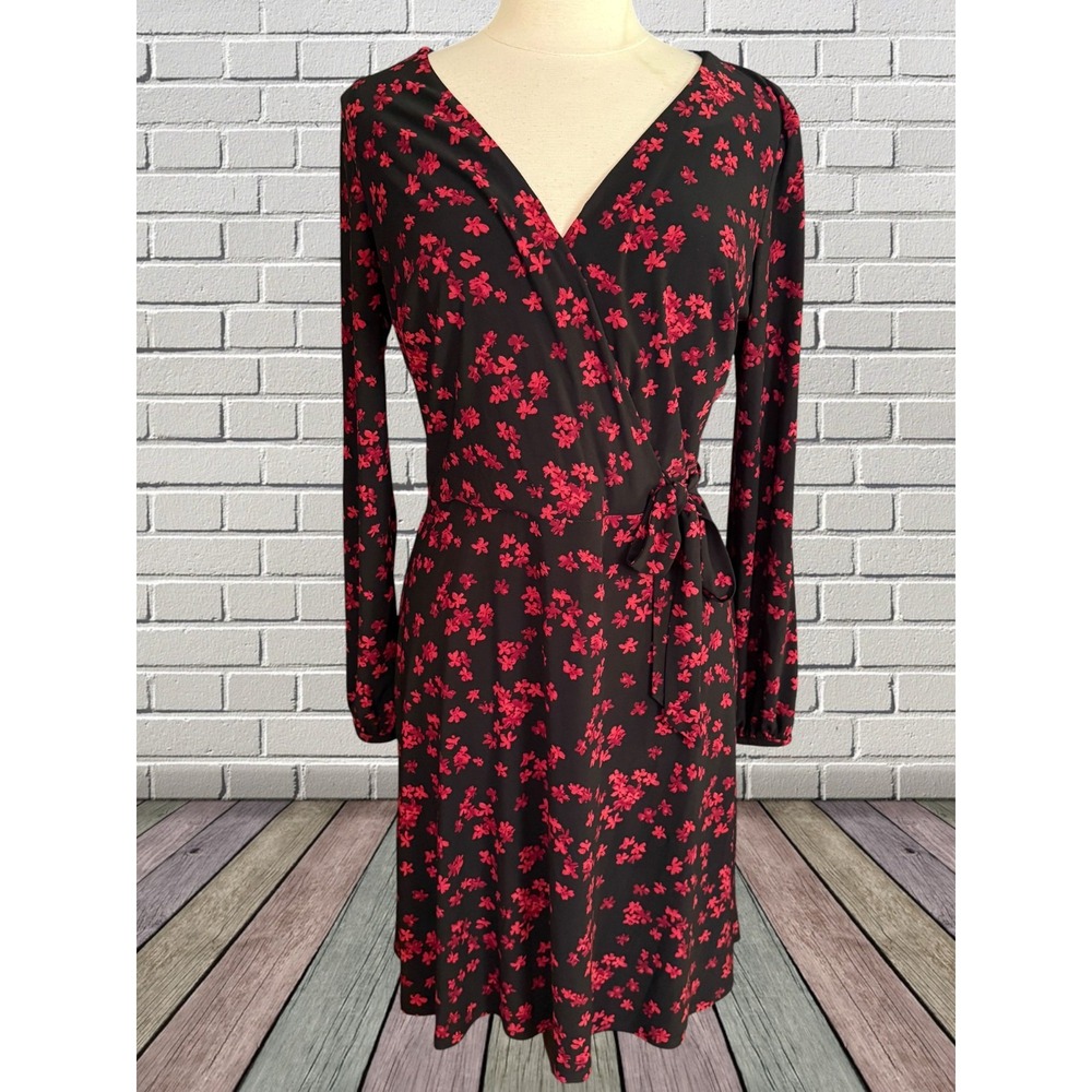 Chaps by Ralph Lauren Y2K Black Floral Faux Wrap Dress Sz L Knee Length Bow Tie